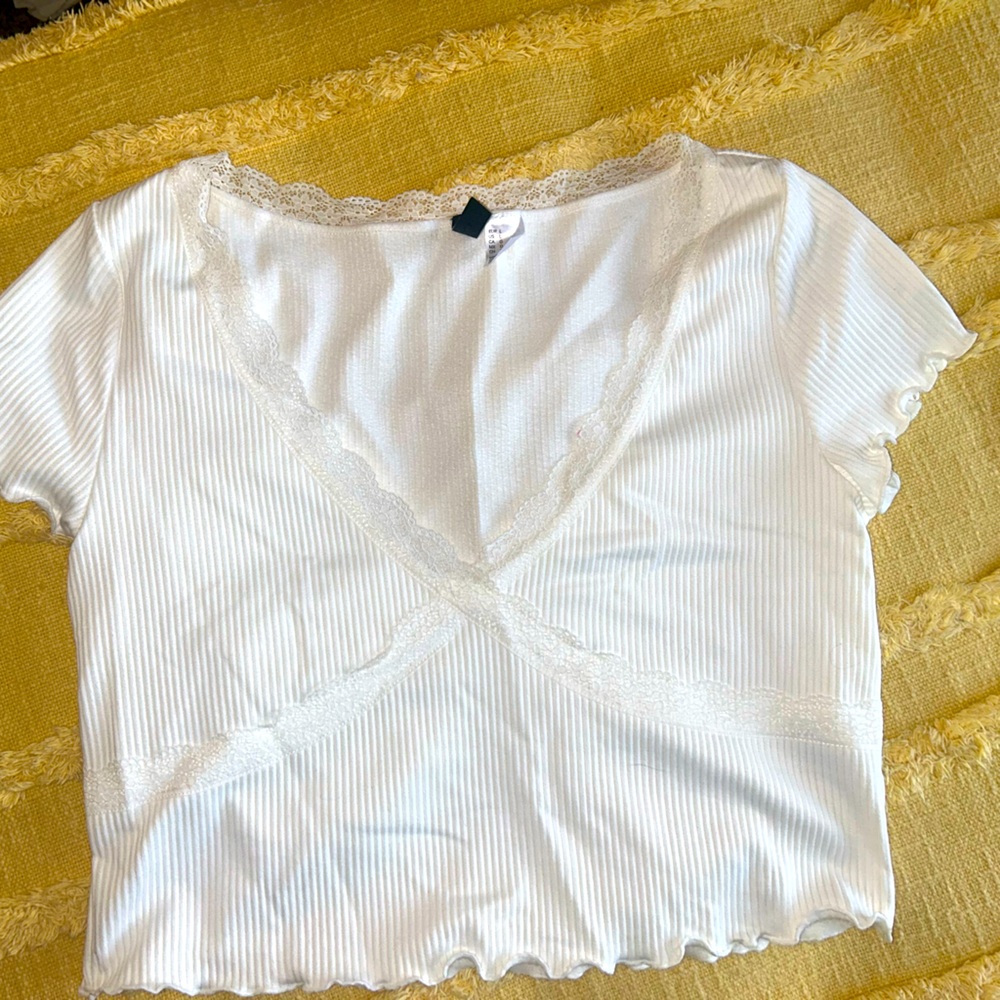 White Lace Trim Ribbed Top